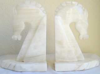 Vintage 8 " Tall Carved White Alabaster Marble Stone Horse Head Bookends L3