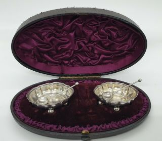 London 1884 Antique Victorian Hallmarked Sterling Silver Salts With Spoons Boxed