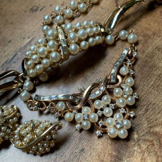 Vintage Trifari & Coro Married Pearl & Rhinestone Necklace Bracelet Earrings