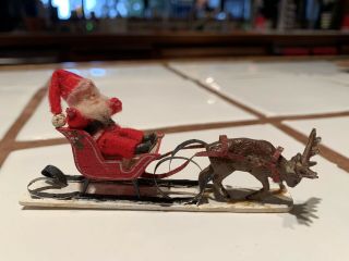 Vintage Christmas Santa On Sleigh Reindeer Tiny