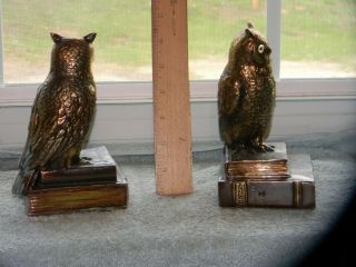 Vintage Brass Owl Bookends Perched On History Books 6.  5” Tall 2