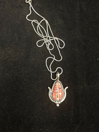 Vintage Sterling Silver And Multi Stone Inlay Pendant W/chain Zuni Etsate