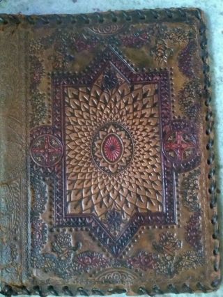 Vtg.  Tooled Leather Floral Book Dust Cover Jacket Protect