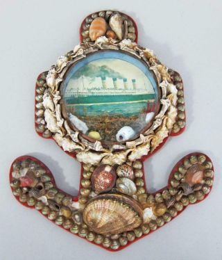 Big Antique Sailors Shell Valentine Folk Art Marine Picture Frame Rms Mauretania