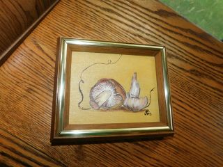 Mushrooms Small Oil Painting Vintage Signed