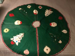 Vintage 43 " Christmas Tree Skirt Green Felt Appliques Tree Santa Handmade