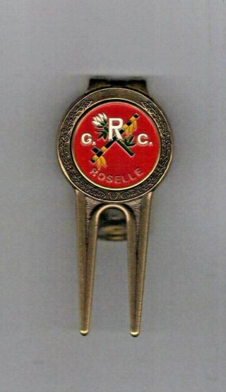 Vintage Roselle Nj Golf Club Brass Enamel Logo Divot Tool & Money Clip