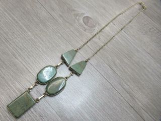 Vintage Sterling Silver Jewelry Necklace Dark Green Smooth Stone Links