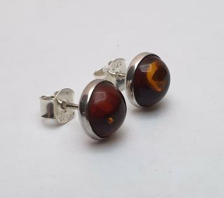 Vintage 925 Solid Sterling Silver And Baltic Amber Cabochon Stud Earrings