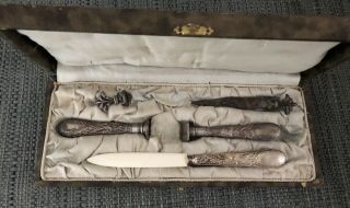 Antique Victorian French Silver Plated Full Letter Opener Wax Seal Desk Set