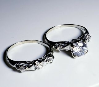 Antique 14k White Gold Topaz & Diamond Bridal Engagement Wedding Ring Set Size 7