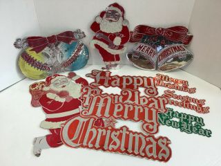 9 Vtg Mid Century Foil Diecut Christmas Decorations Santa Ornament Bells & More