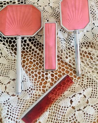 Art Deco Antique Pink Dressing Table Vanity Set - Mirror Brushes Comb,  1928