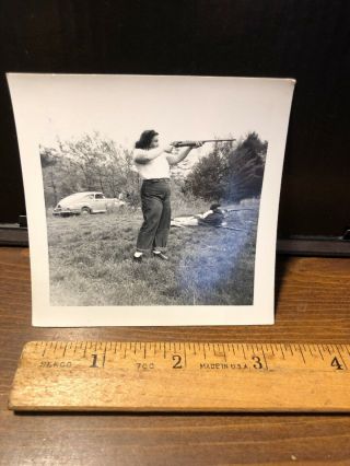 Vintage Ca 1940 - 50’s Woman Shooting Rifle Gun Car Photo Photograph