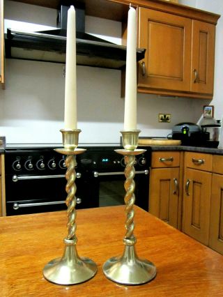 Old Pair Antique Edwardian Brass Barley Twist Candlesticks Candleholders C1905