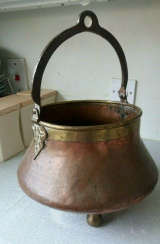 Antique Arts & Crafts Copper & Brass Cooking Pot / Cauldron - 11 X 7 Inches