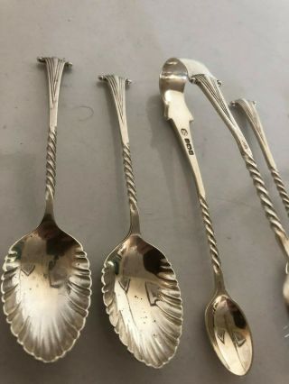 LOVELY UNCASED SET OF 4 SOLID SILVER COFFEE SPOONS & TONGS (J R) SHEFF 1897. 3