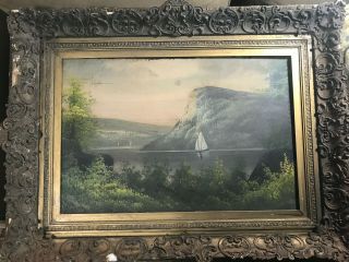 Large Antique " Primitive River And Landscape Scene " Oil Painting - Framed