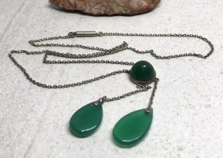 Vintage Art Deco Sterling Silver Green Onyx Drops 17” Lariat Chain Necklace
