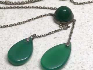 Vintage Art Deco Sterling Silver Green Onyx Drops 17” Lariat Chain Necklace 2