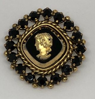 Vintage Black Glass And Gold Tone Cameo Style Brooch Made In Western Germany