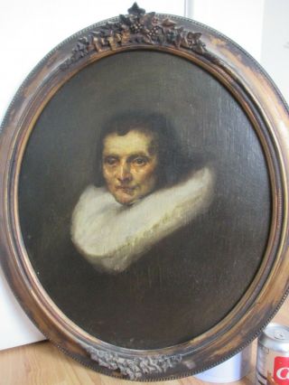 Follower Of Rembrandt ? - Dark Antique Oval Oil Painting Portrait Of Gentleman