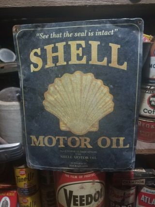 Vintage Old Shell Motor Metal Oil Sign Gas Station Garage General Store