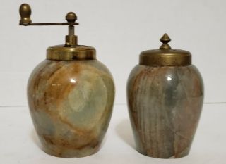 Vtg Green Onyx Marble Salt And Pepper Mill Grinder Shakers Set 3.  5 " & 4.  5 " Italy