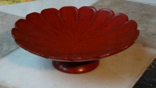 Antique Early 20c Chinese Red Lacquered Cinnabar Footed Compote,  Signed,  Dish
