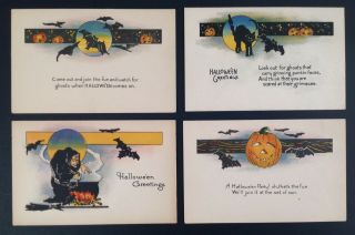 Vintage Halloween Postcards (4) Series 1135 - Witch,  Cats,  Bats,  Jack - O - Lantern