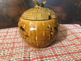 Vintage Bee Hive Honey Pot Jar With Lid Ceramic Golden Crown