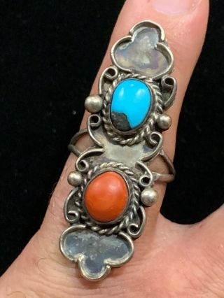 Vintage Southwestern - Style,  Sterling Silver Ring W/ Turquoise & Coral,  Sz.  7.  25
