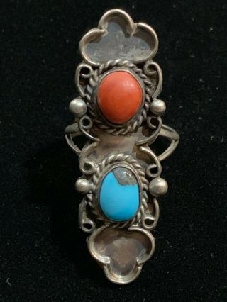 VINTAGE SOUTHWESTERN - STYLE,  STERLING SILVER RING W/ TURQUOISE & CORAL,  SZ.  7.  25 2