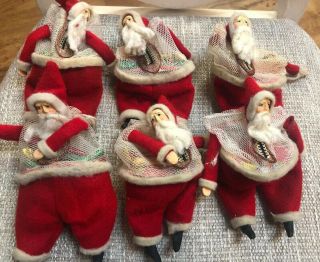 Group Of 6 Vintage Celluloid? Face Santa Mesh Candy Bag/container Clay Hands?