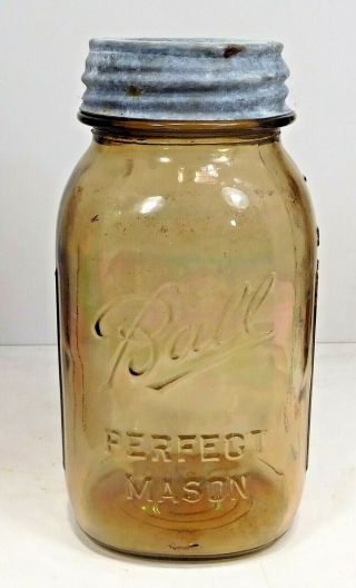 Vintage Amber Quart Fruit Jar - Ball Perfect Mason W/ Zinc Lid