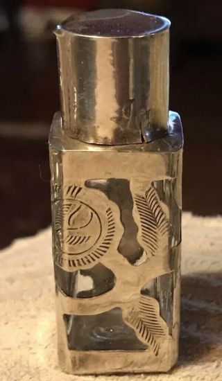 Vtg Taxco Mexico Ch Sterling Silver Overlay Glass Perfume Bottle Scent Flask