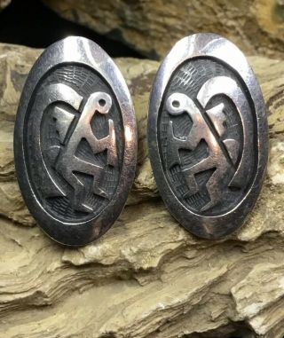 Vintage,  Hopi “mitchell Sockyma” Sterling Silver Overlay Kokopelli Earrings