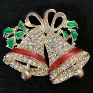 Vtg Rhinestone Encrusted Christmas Bells Brooch Pin Poured Glass Enamel 2.  25”