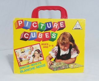 Vintage Snow White Wood Picture Cubes Puzzle In Carrying Case Eichhorn Germany