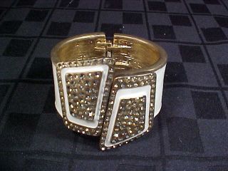 Vintage Art Deco Cuff Bracelet White Enamel Gold Tone Rhinestones
