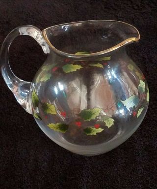 Vintage Holly Berry Glass Pitcher With Gold Trim Great Shape,  Clear Glass 6 - 1/2 "