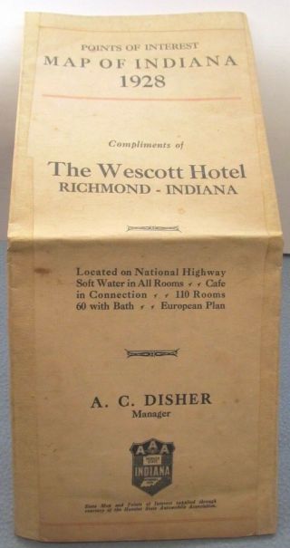 1928 Map Of Indiana - The Wescott Hotel - Hoosier State Automobile Association - Aaa