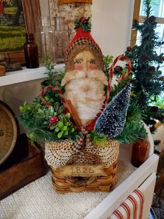 Primitive Handmade 1825 Old Time Santa Claus Doll In Basket Arrangement