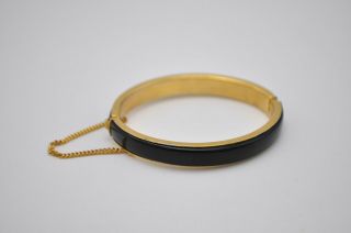 Vintage Black Onyx Gold Tone Hinged Bracelet Safety Chain Cuff Bangle Costume