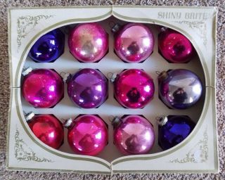 12 Vtg Xmas Shiny Brite Mcm Jewel Tone Pinks Purples Glass Ball Ornaments W/box