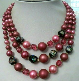 Vintage Estate Signed Japan Assorted Bead Triple Strand 18 " Necklace G990w