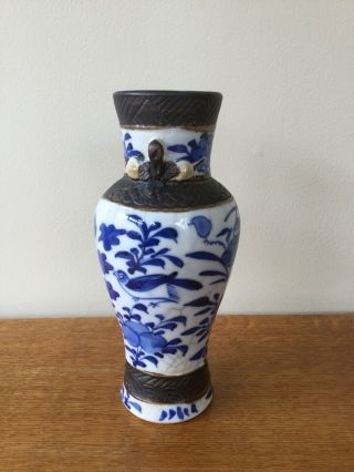 Antique Blue And White 19th Century Chinese Crackle Glaze Vase Birds Flowers