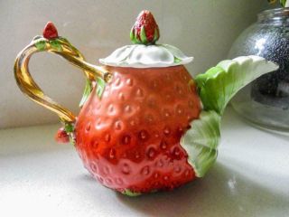 Antique Strawberry Porcelain Teapot Edwardian Art Nouveau C.  1910