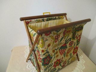 Vintage Seligman Fabric & Wood Frame Yarn Knitting Basket Bag Folding Caddy
