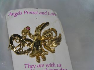 Vintage Goldtone Angel With Pink Rhinestone & Young At Heart Charm Dangle Pin –